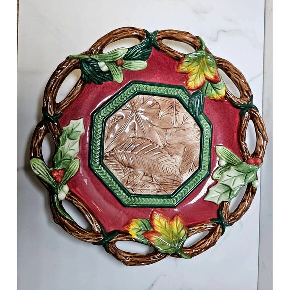 Fitz and Floyd Trio Christmas Lodge Fall Pinecone Leaf Tea Pot Plate and Bowl - Picture 4 of 10